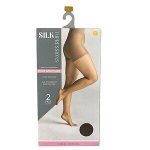 Silk Impressions Medium Support Sheer Pantyhose Size Large Coffee Bean 2Pair NEW